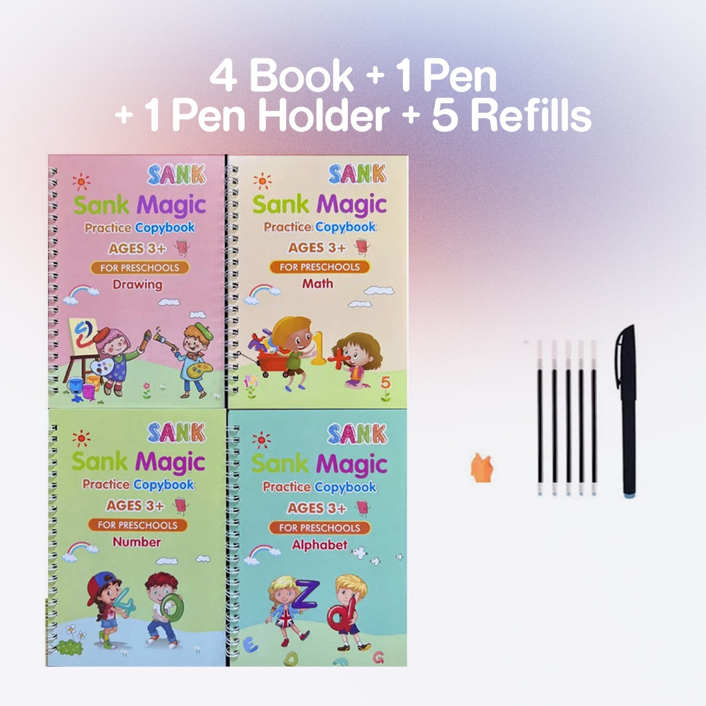 4Pcs Sank Magic Practice Copybook Pen Preschools Kids Calligraphy English Verison Free Wiping Children Reusable Writing Book