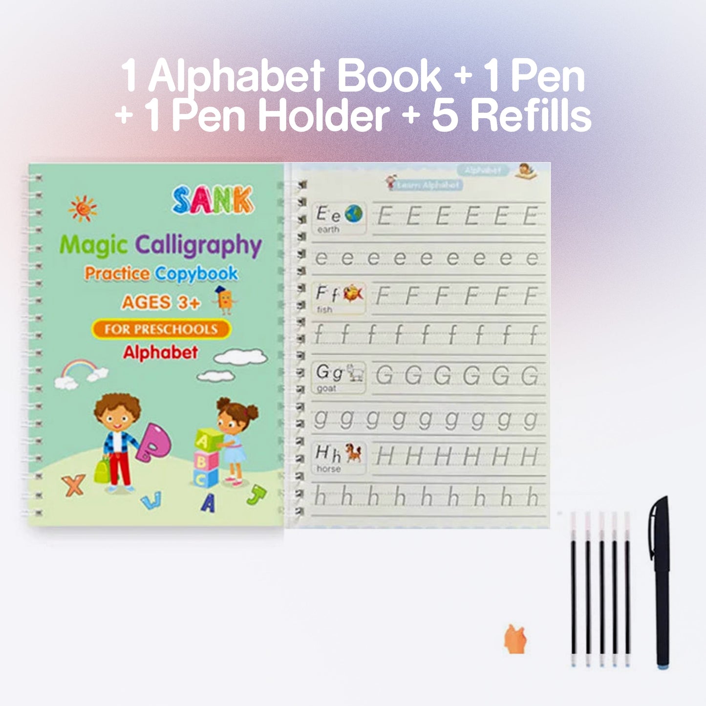 4Pcs Sank Magic Practice Copybook Pen Preschools Kids Calligraphy English Verison Free Wiping Children Reusable Writing Book