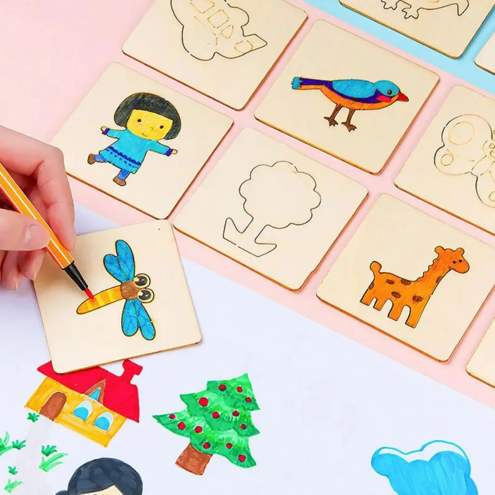 20Pcs Montessori Kids Drawing Toys Wooden DIY Painting Stencils Template Craft Toys Puzzle Educational Toys for Kids Gifts
