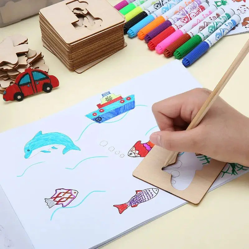 20Pcs Montessori Kids Drawing Toys Wooden DIY Painting Stencils Template Craft Toys Puzzle Educational Toys for Kids Gifts