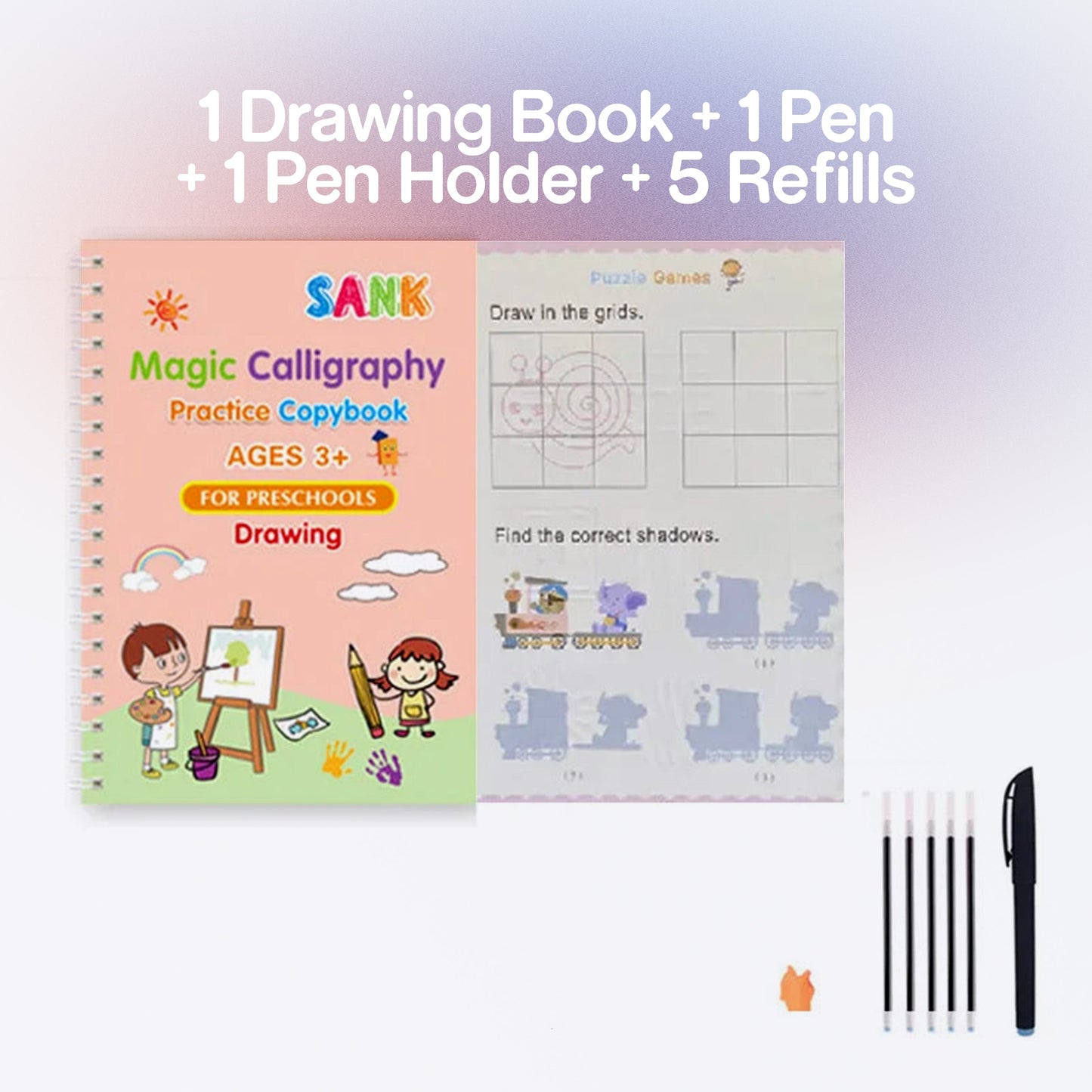 4Pcs Sank Magic Practice Copybook Pen Preschools Kids Calligraphy English Verison Free Wiping Children Reusable Writing Book